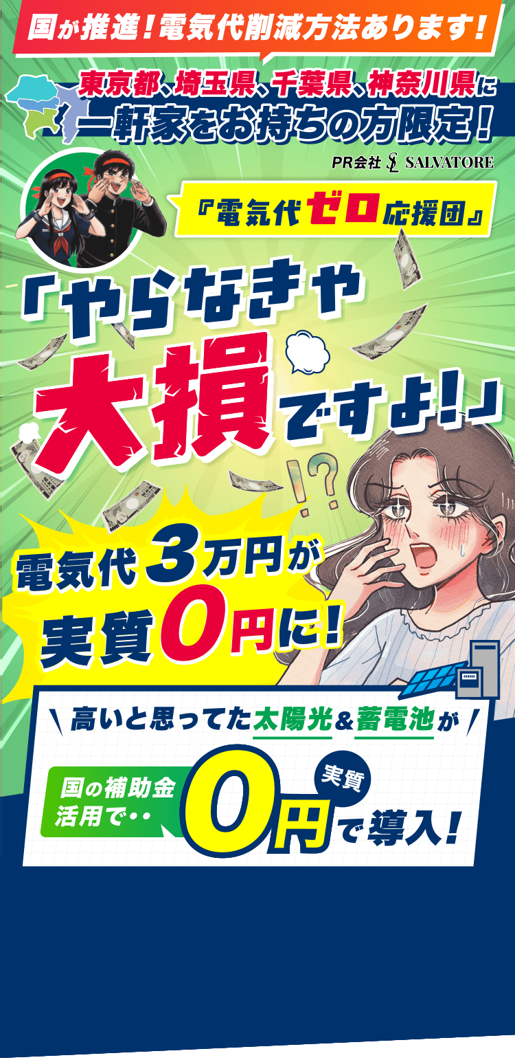 国が推進！電気代削減方法あります！東京都、埼玉県、千葉県、神奈川県に一軒家をお持ちの方限定！PR会社 SALVATORE『電気代ゼロ応援団』やらなきゃ大損ですよ！電気代3が万円が実質0円に！高いと思ってた太陽光＆蓄電池が国の補助金活用で・・実質0円で導入！
