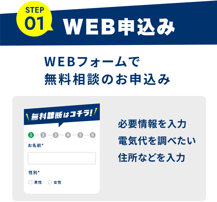 STEP01 WEB申込み：WEBフォームで無料相談のお申込み。必要情報を入力。電気代を調べたい住所などを入力