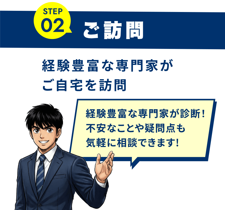 STEP02 ご訪問：経験豊富な専門家がご自宅を訪問。経験豊富な専門家が診断！不安なことや疑問点も気軽に相談できます!